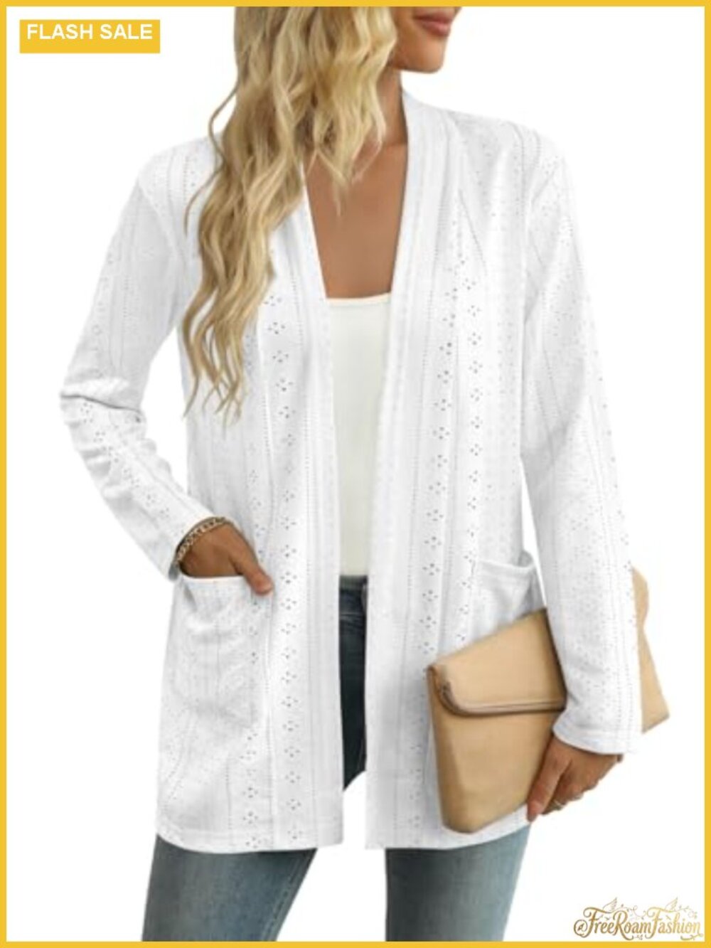 Womens Loose Open Front Cardigan Eyelet Knit with Pockets